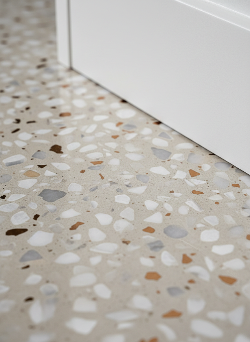 A close-up view of a refined terrazzo floor section, showing intricate aggregate details: rounded marble chips in white and soft gray, small flecks of bronze, and subtle quartz pieces suspended in a smooth, light taupe matrix. The surface is flawlessly honed and then brought to a deep, glass-like polish, with tiny, crisp reflections of overhead lighting. The floor meets a sharp, perfectly finished baseboard in matte white, underscoring precision craftsmanship. Soft, diffused studio lighting from the side reveals delicate transitions between gloss highlights and velvety shadows within the aggregate, enhancing depth and texture. Captured with a macro lens and shallow depth of field, the composition feels technical and luxurious at once, ideal for showcasing material quality and refinishing detail on a services or portfolio page in a clean, professional photographic style.